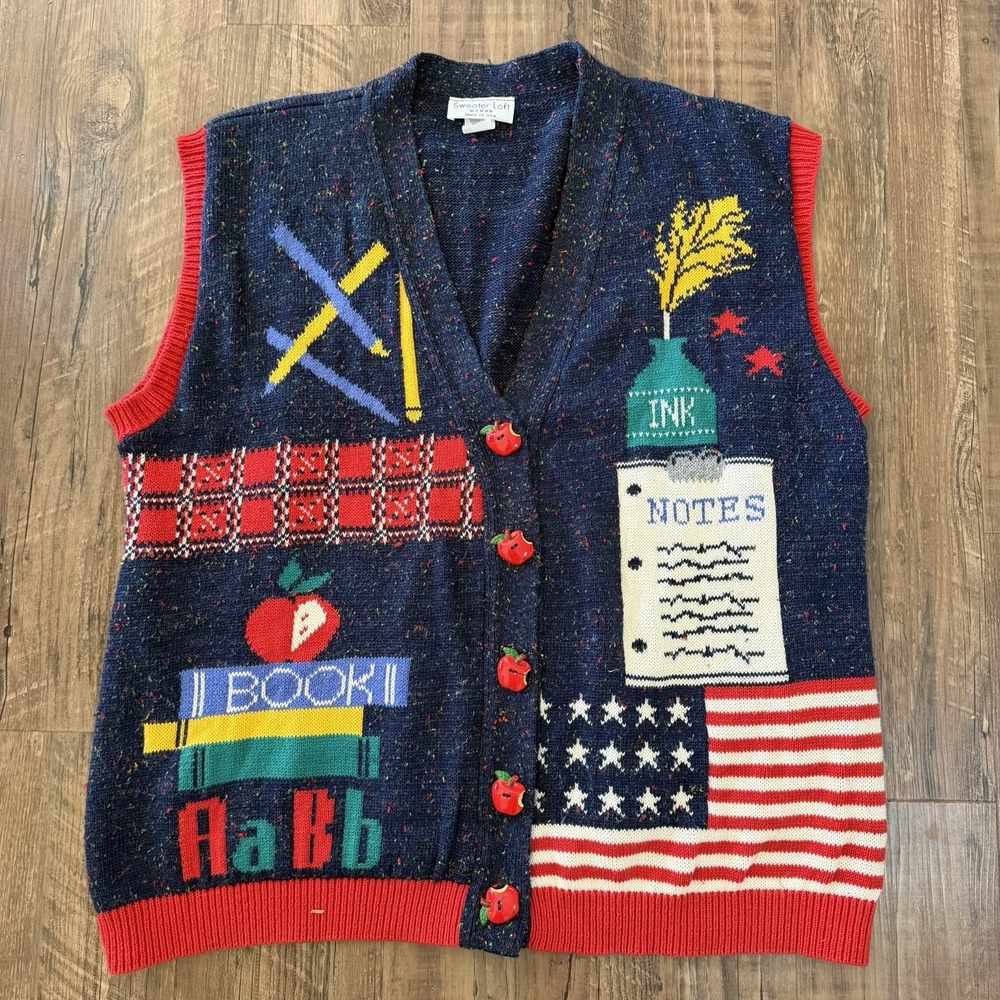 VTG Sweater Loft School Teacher Knit Vest Womens 1X Bus Flag Academia USA Apples